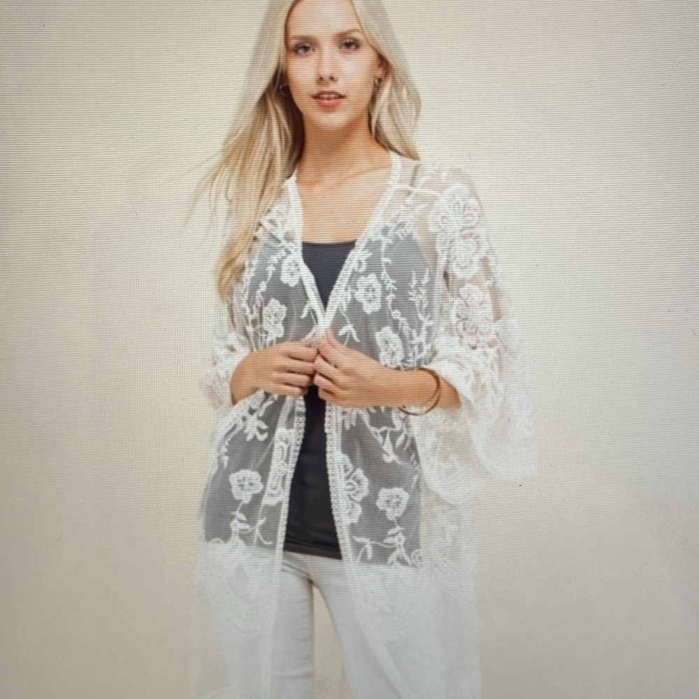 2 Polagram Lace Kimono Cardigan Coverups Womens S/M Sheer Mesh Boho  Festival